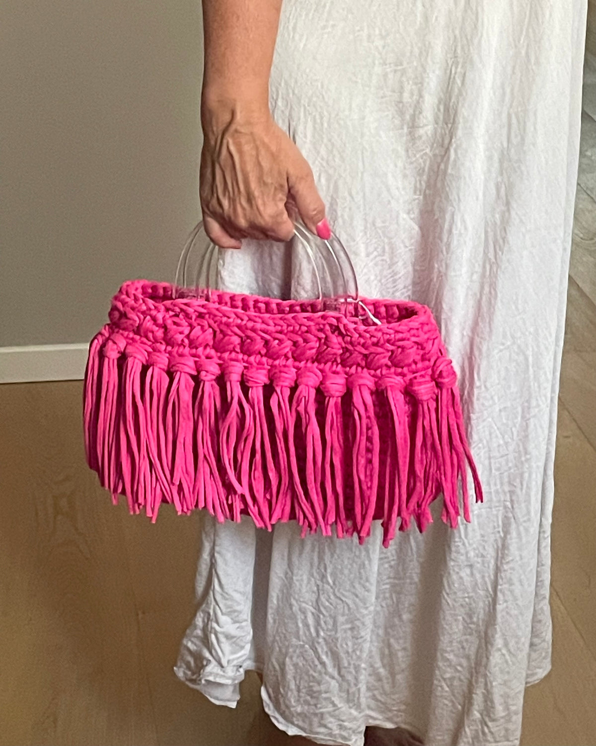 Handmade Bag – Stoffgarn Pink mit Fransen