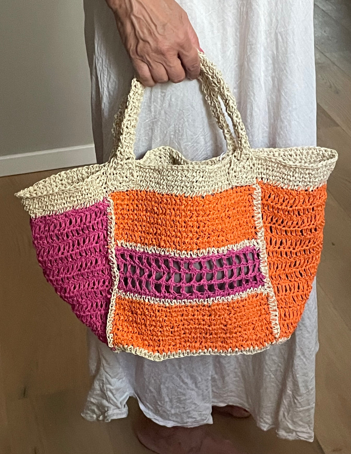 Handmade Raffia Bag – Orange/Pink/Beige