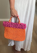 Handmade Raffia Bag – Orange/Pink mit Kunstledergriff