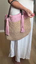 Handmade Shopper – Cotton Garn Beige/Rosa mit Ledergriff