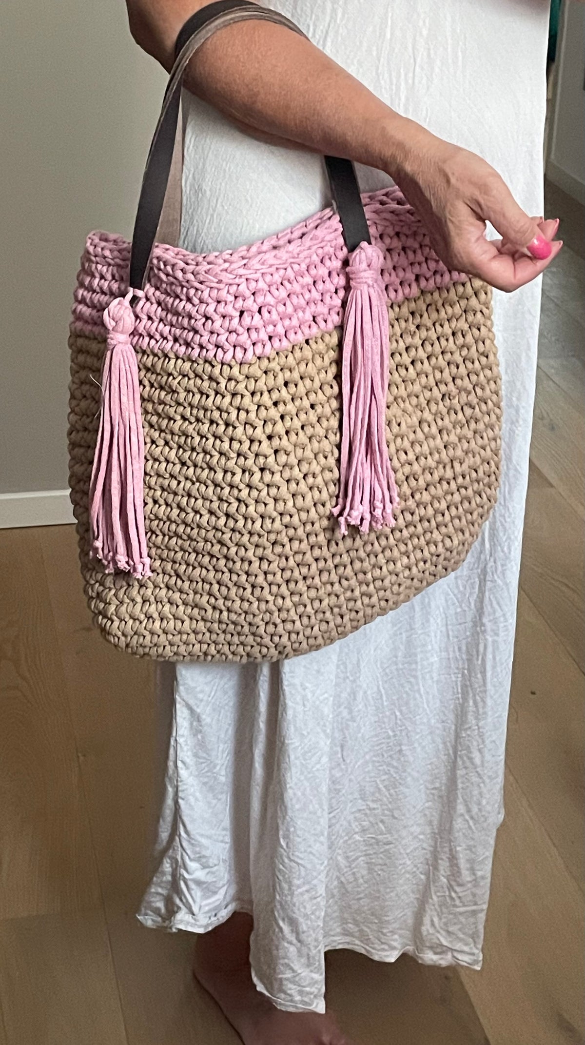 Handmade Shopper – Cotton Garn Beige/Rosa mit Ledergriff